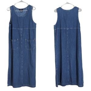 Vintage '90s Denim Cottagecore Prairie Maxi Dress Pockets Medium Petite